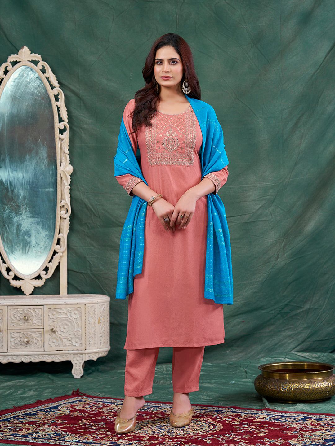 Peach Embroidered Chinon Kurta with Dupatta Set