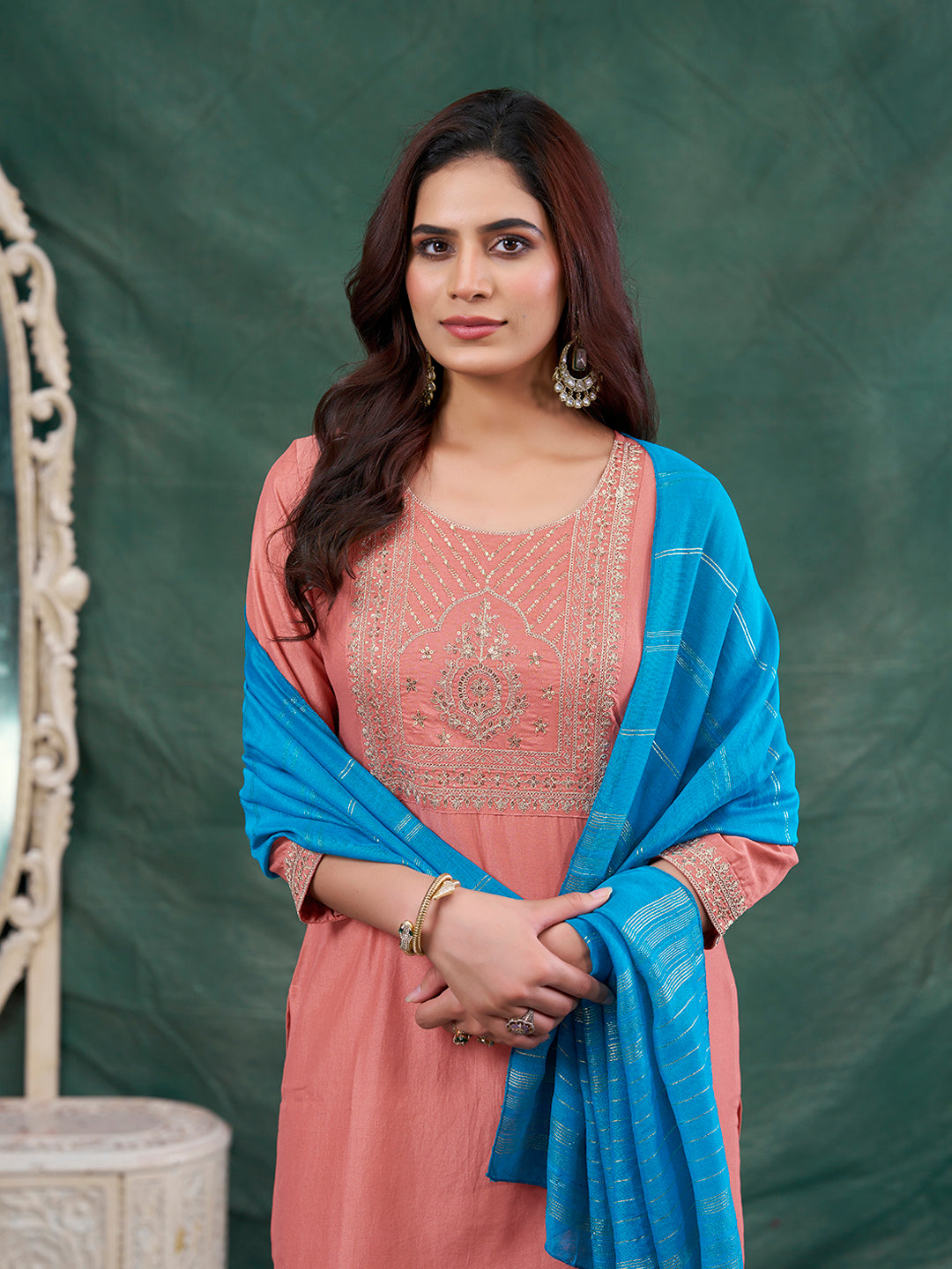 Peach Embroidered Chinon Kurta with Dupatta Set