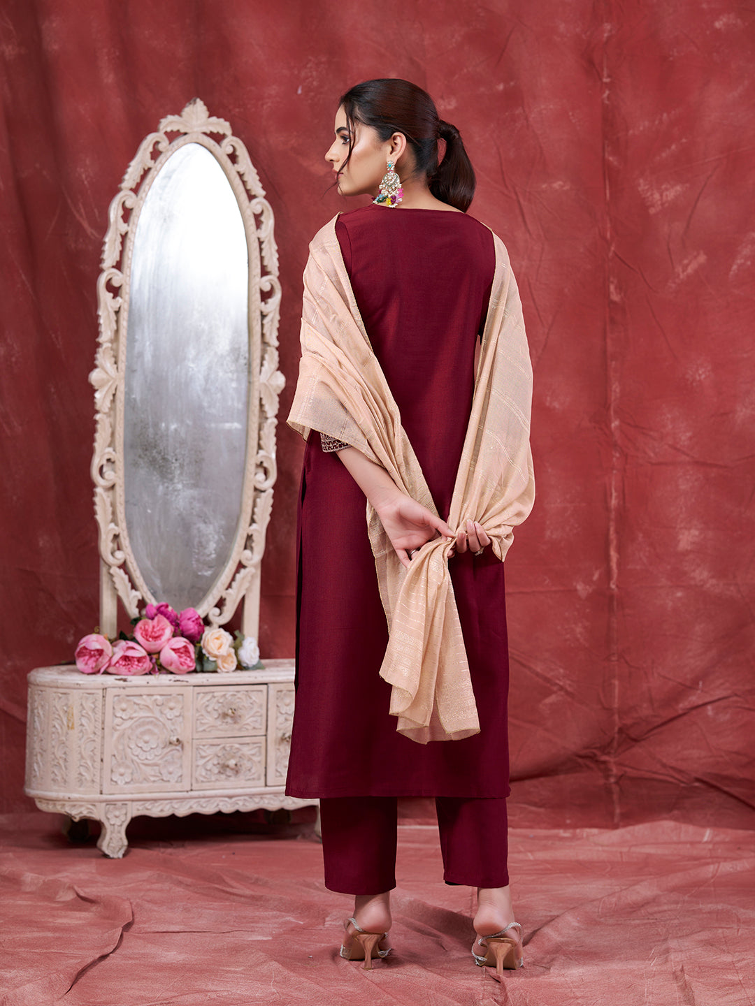 Maroon Embroidered Chinon Kurta with Dupatta Set