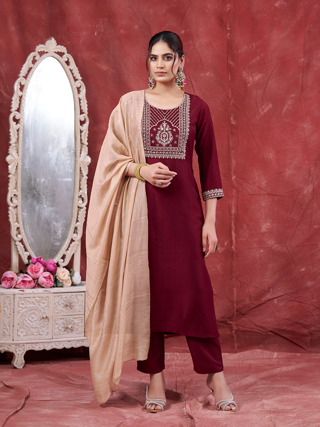 Maroon Embroidered Chinon Kurta with Dupatta Set