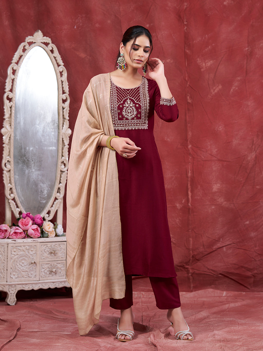 Maroon Embroidered Chinon Kurta with Dupatta Set