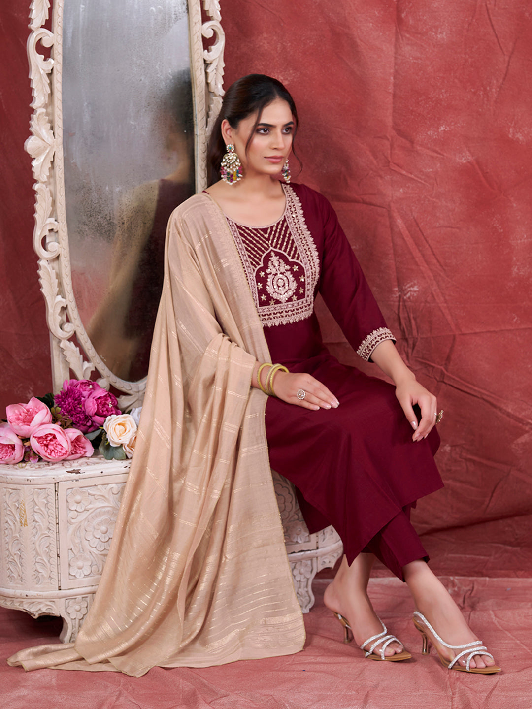 Maroon Embroidered Chinon Kurta with Dupatta Set