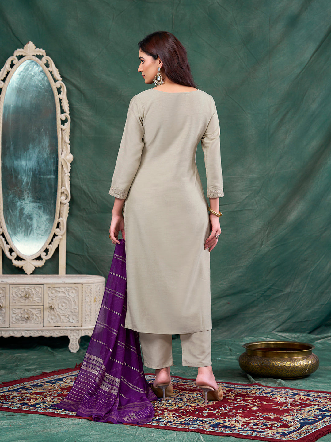 Beige Embroidered Chinon Kurta with Dupatta Set
