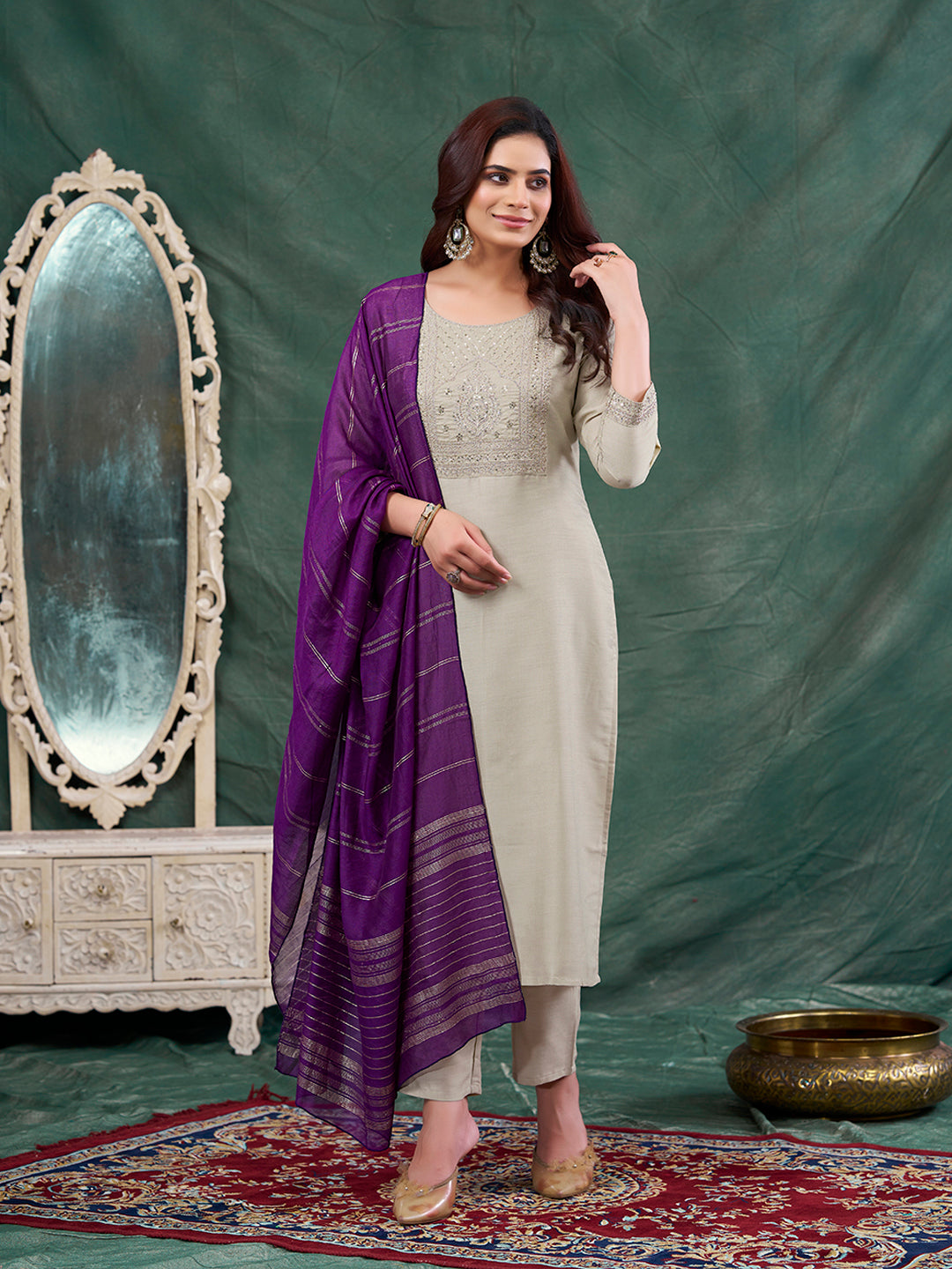 Beige Embroidered Chinon Kurta with Dupatta Set
