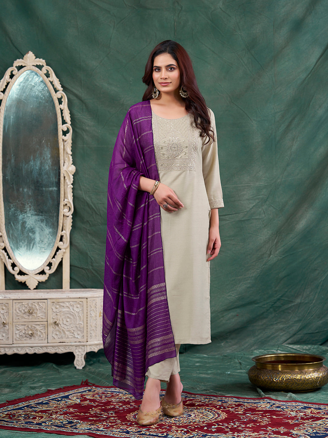 Beige Embroidered Chinon Kurta with Dupatta Set