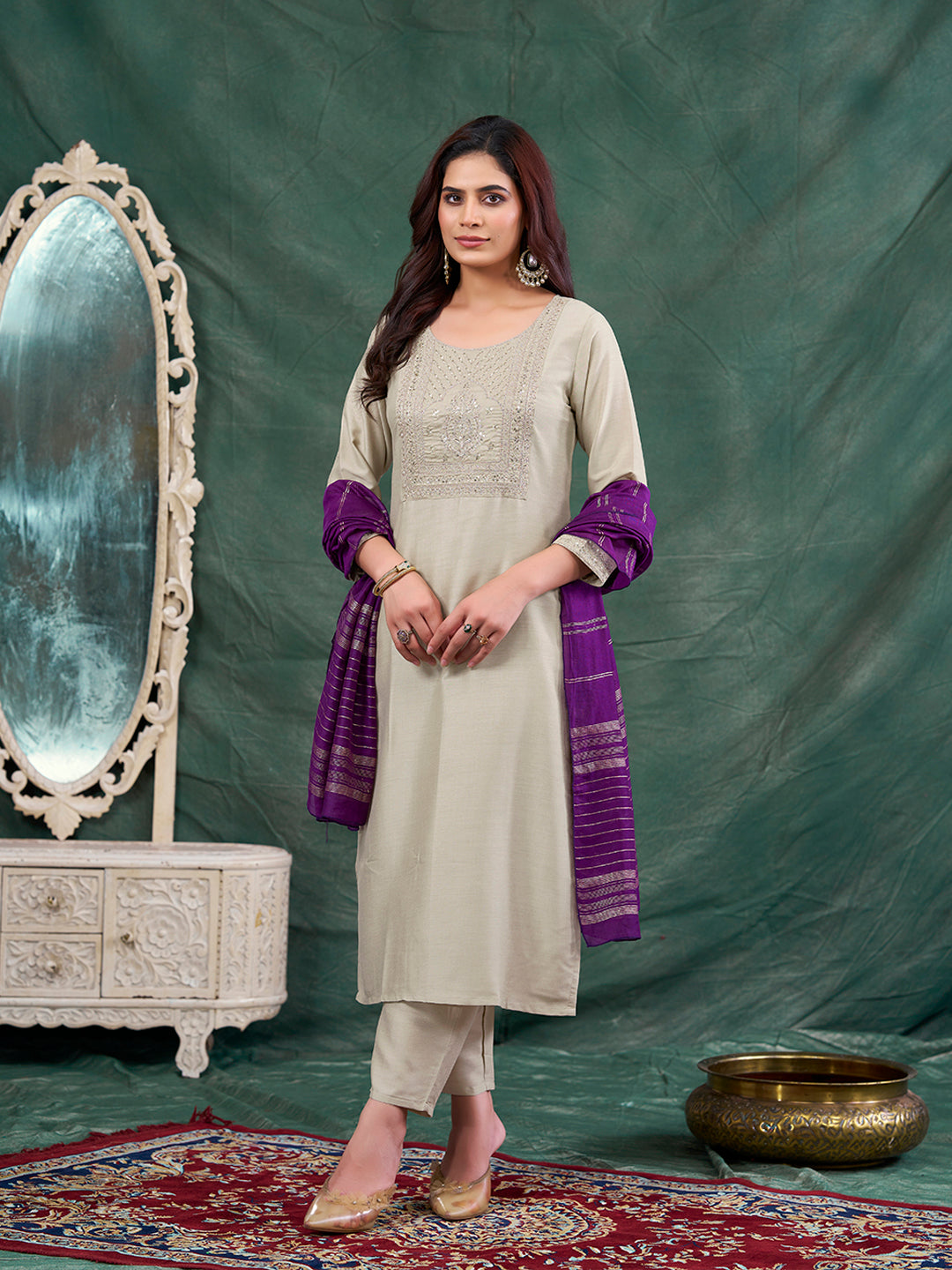 Beige Embroidered Chinon Kurta with Dupatta Set