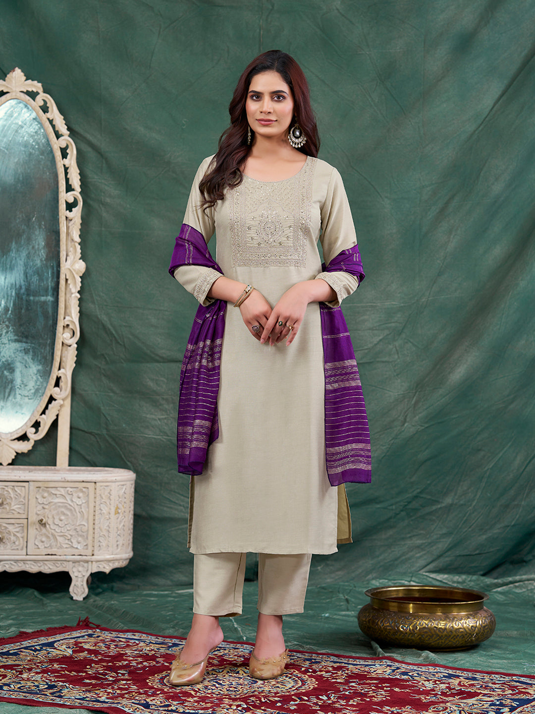 Beige Embroidered Chinon Kurta with Dupatta Set