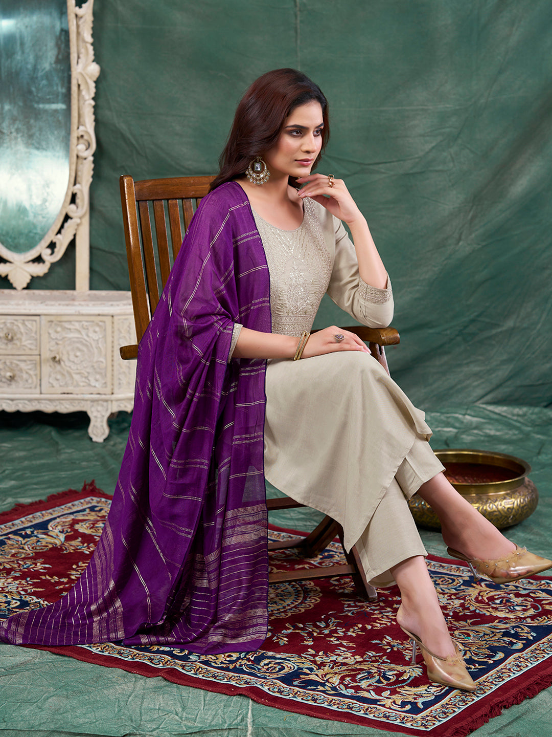 Beige Embroidered Chinon Kurta with Dupatta Set