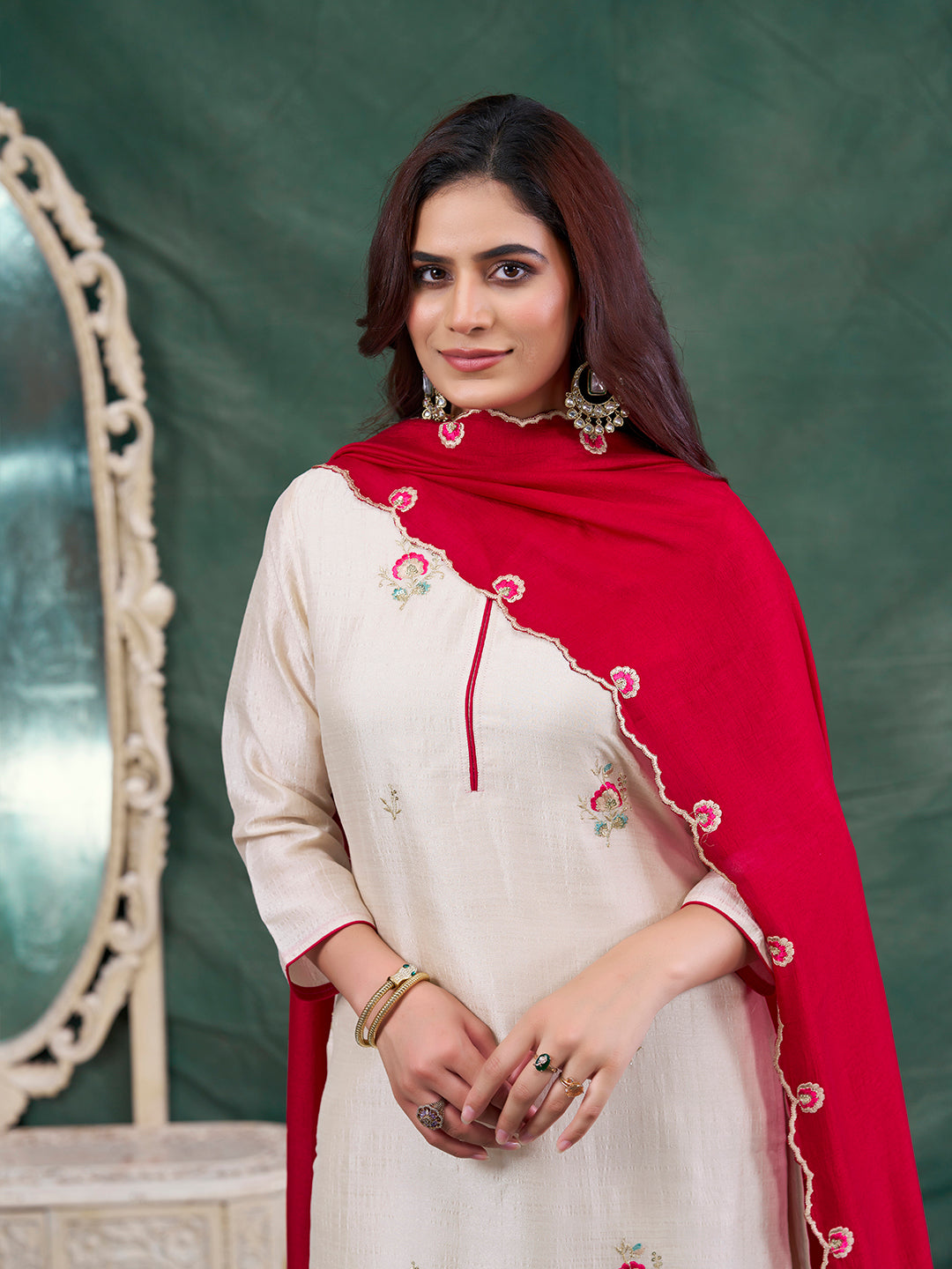 Cream Embroidered Chinon Kurta with Dupatta Set