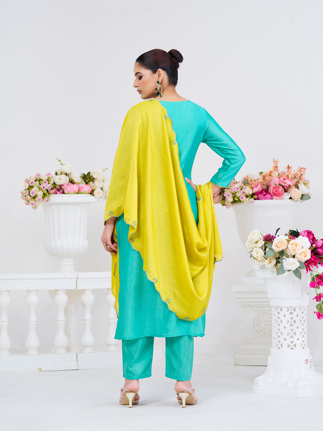 C-Green Embroidered Chinon Kurta with Dupatta Set