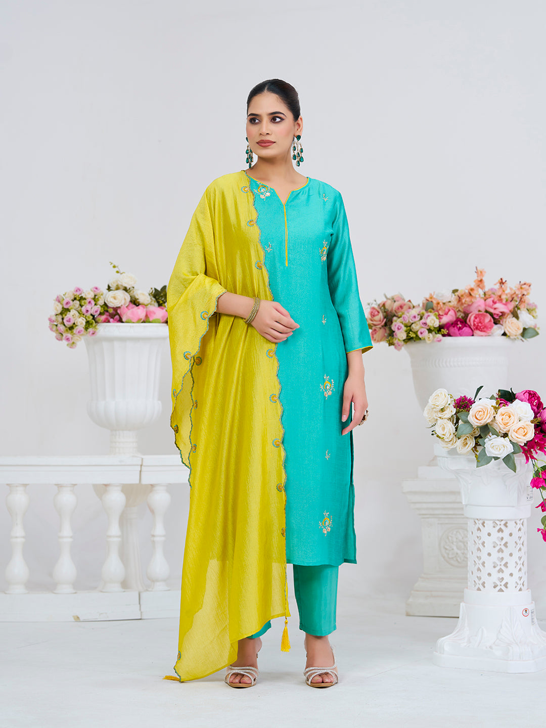 C-Green Embroidered Chinon Kurta with Dupatta Set | front full side