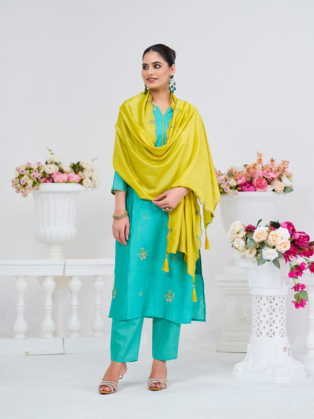 C-Green Embroidered Chinon Kurta with Dupatta Set