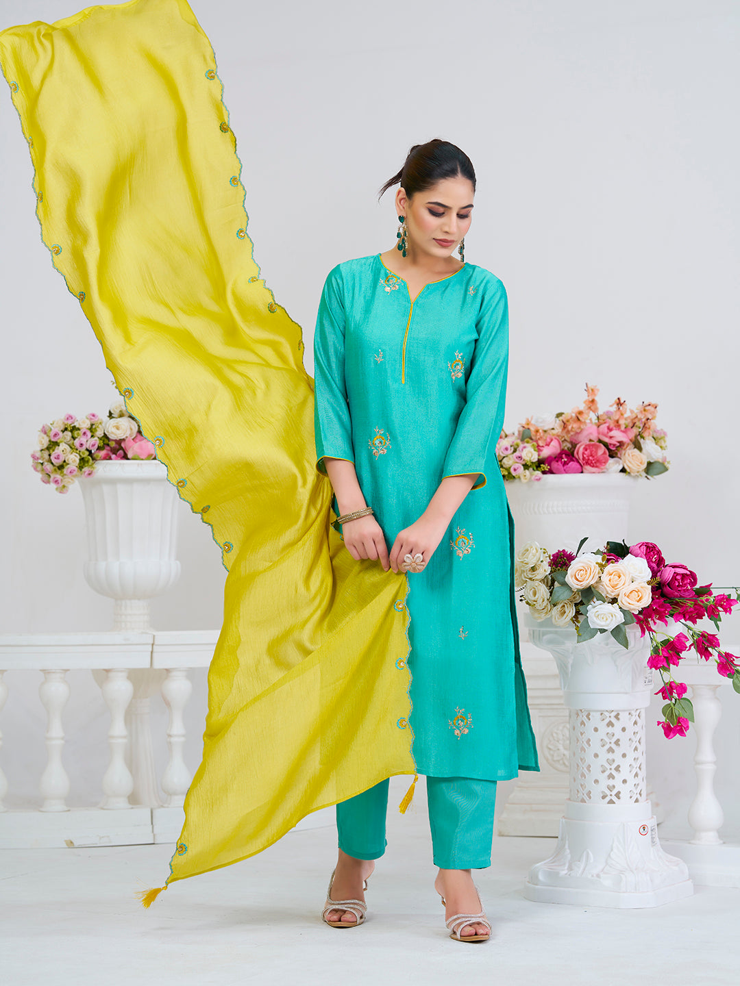 C-Green Embroidered Chinon Kurta with Dupatta Set