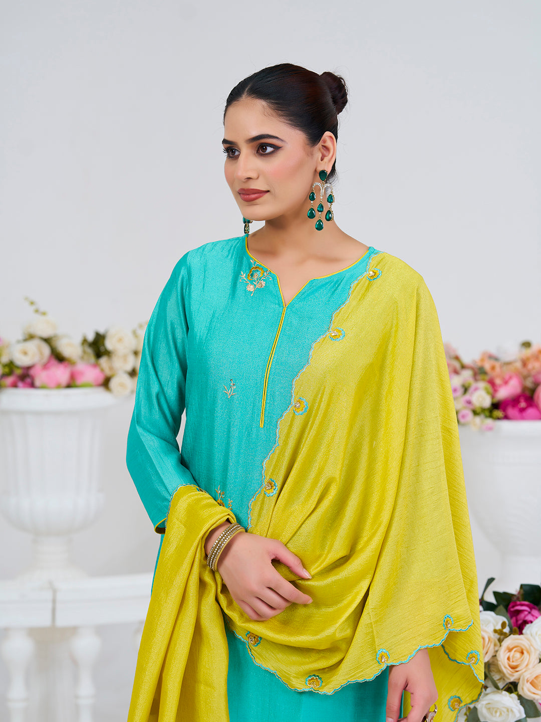 C-Green Embroidered Chinon Kurta with Dupatta Set