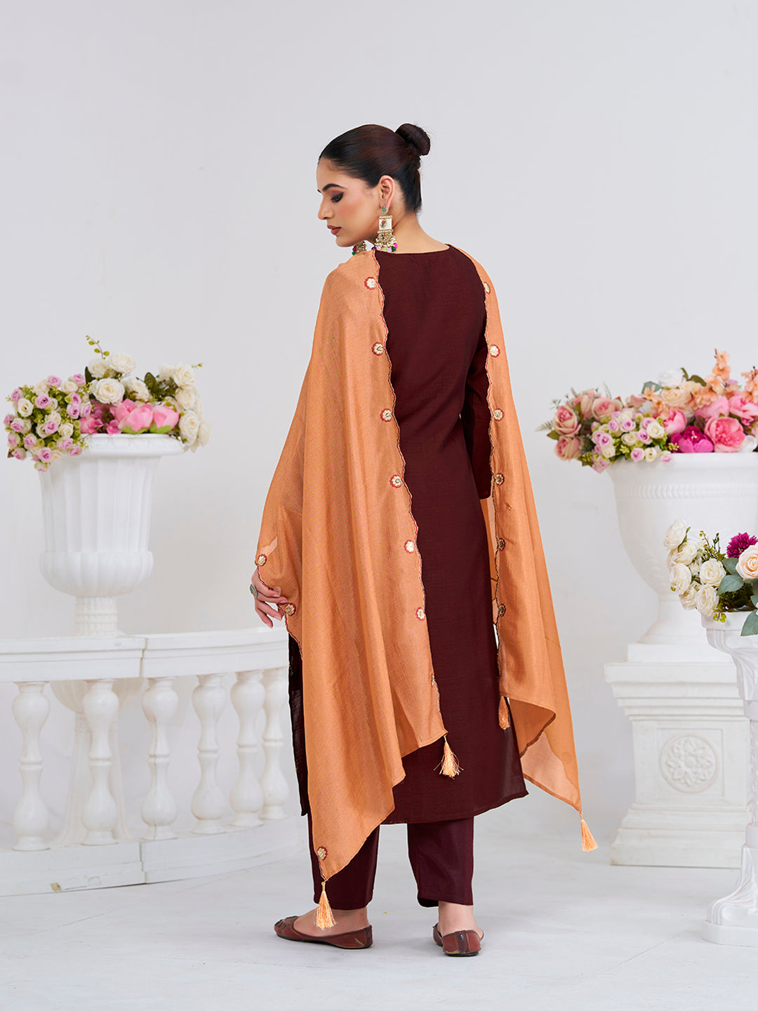 Coffee Embroidered Chinon Kurta with Dupatta Set