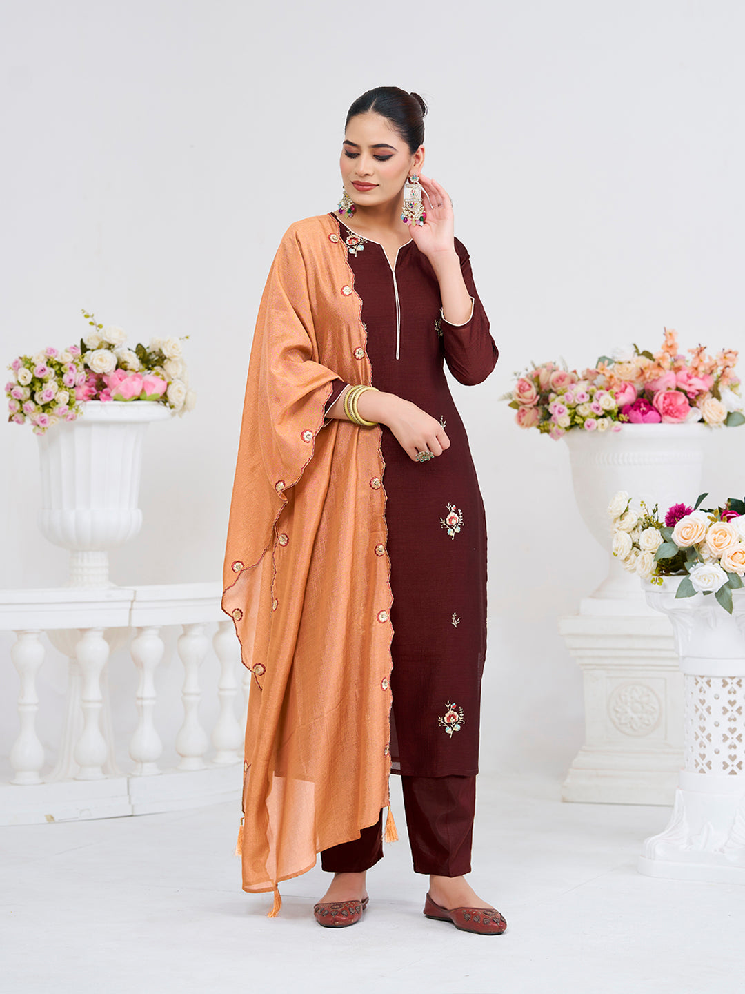 Coffee Embroidered Chinon Kurta with Dupatta Set | left side dupatta