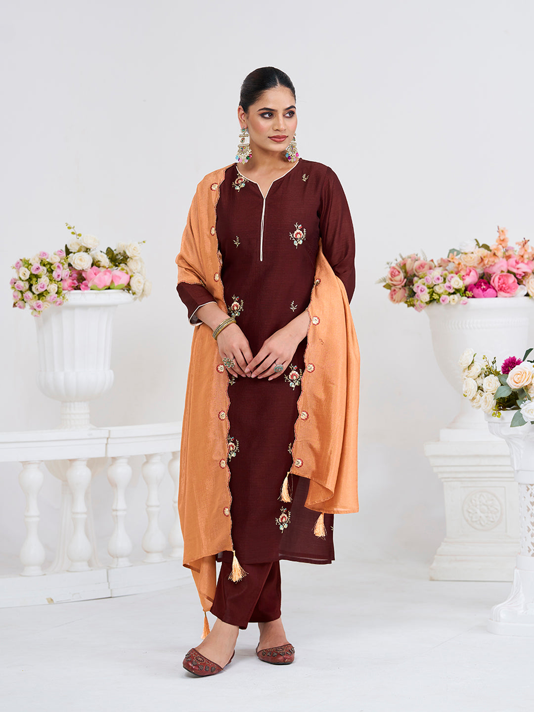 Coffee Embroidered Chinon Kurta with Dupatta Set