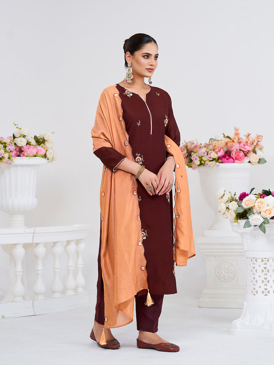 Coffee Embroidered Chinon Kurta with Dupatta Set