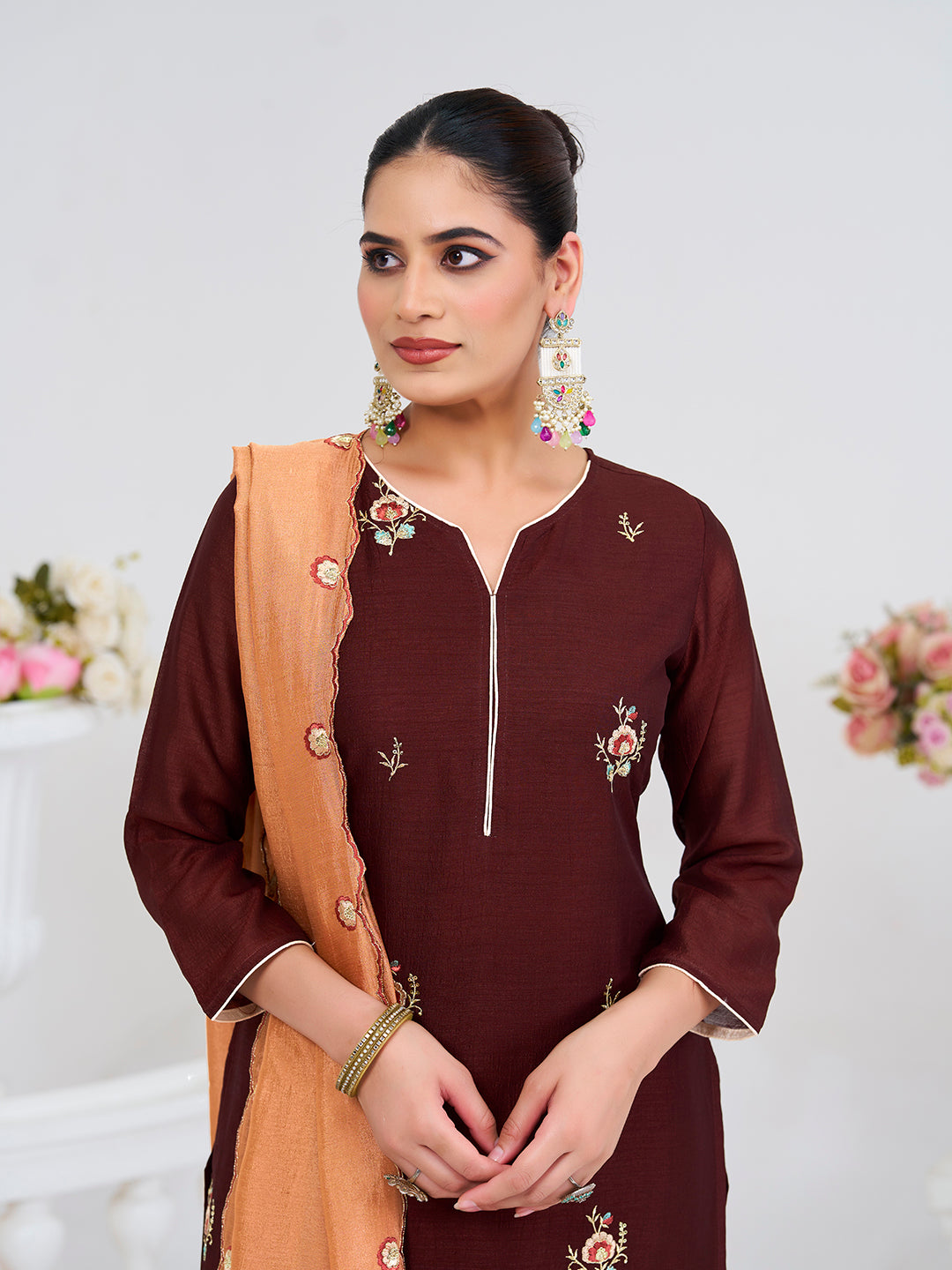 Coffee Embroidered Chinon Kurta with Dupatta Set