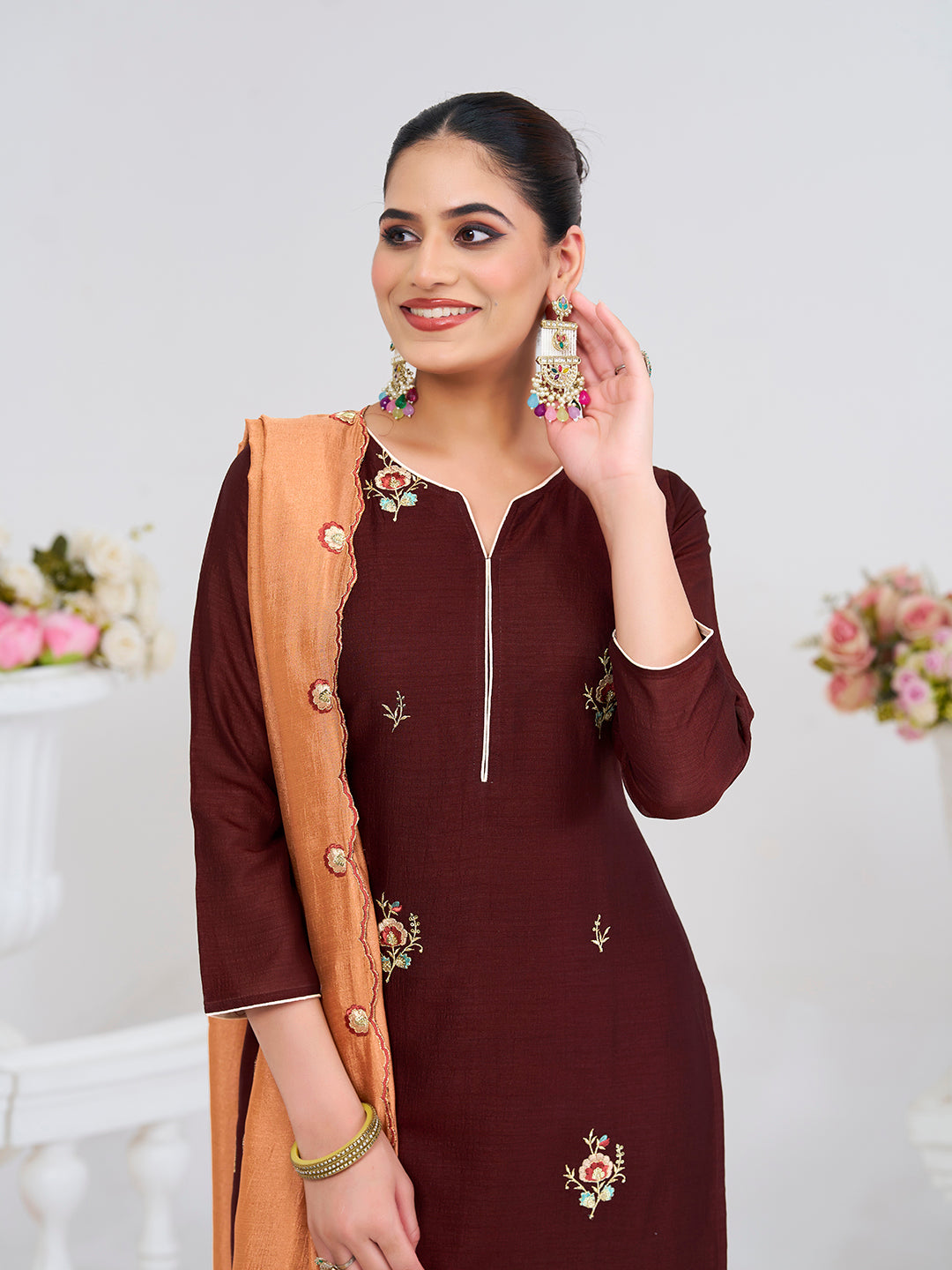 Coffee Embroidered Chinon Kurta with Dupatta Set