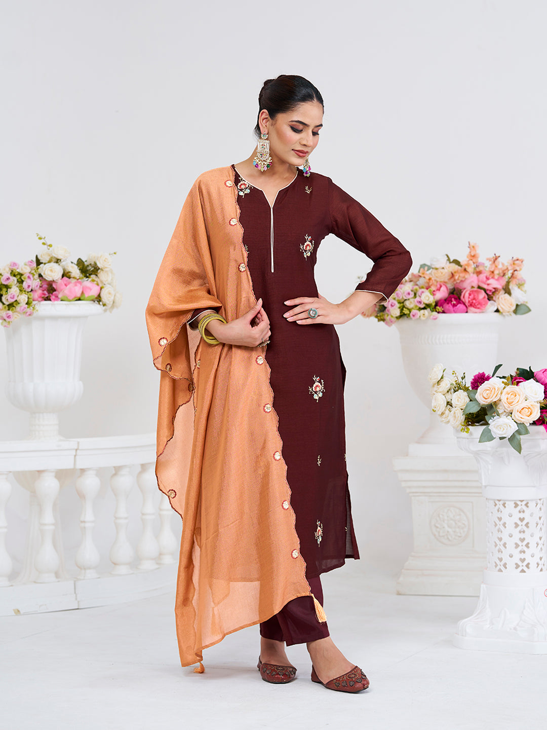 Coffee Embroidered Chinon Kurta with Dupatta Set