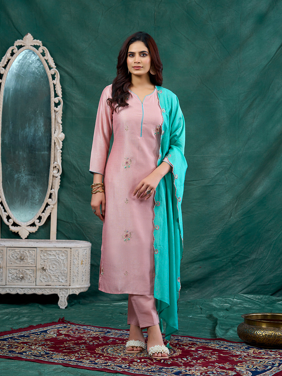Rose Pink Embroidered Chinon Kurta with Dupatta Set