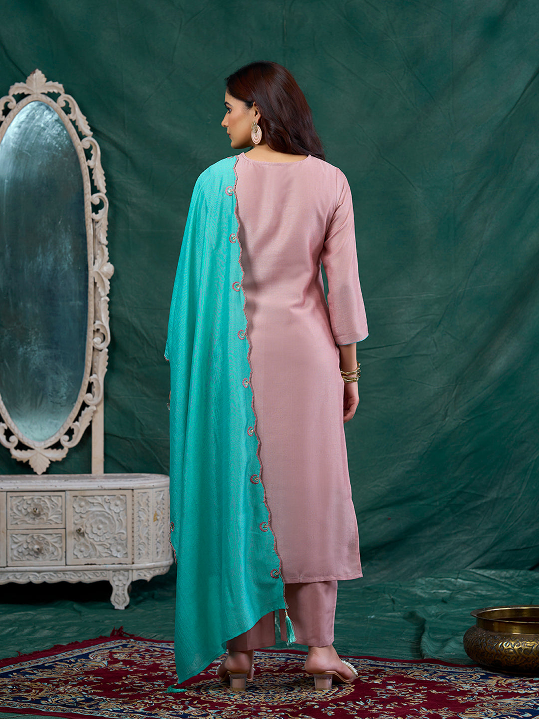 Rose Pink Embroidered Chinon Kurta with Dupatta Set | back side