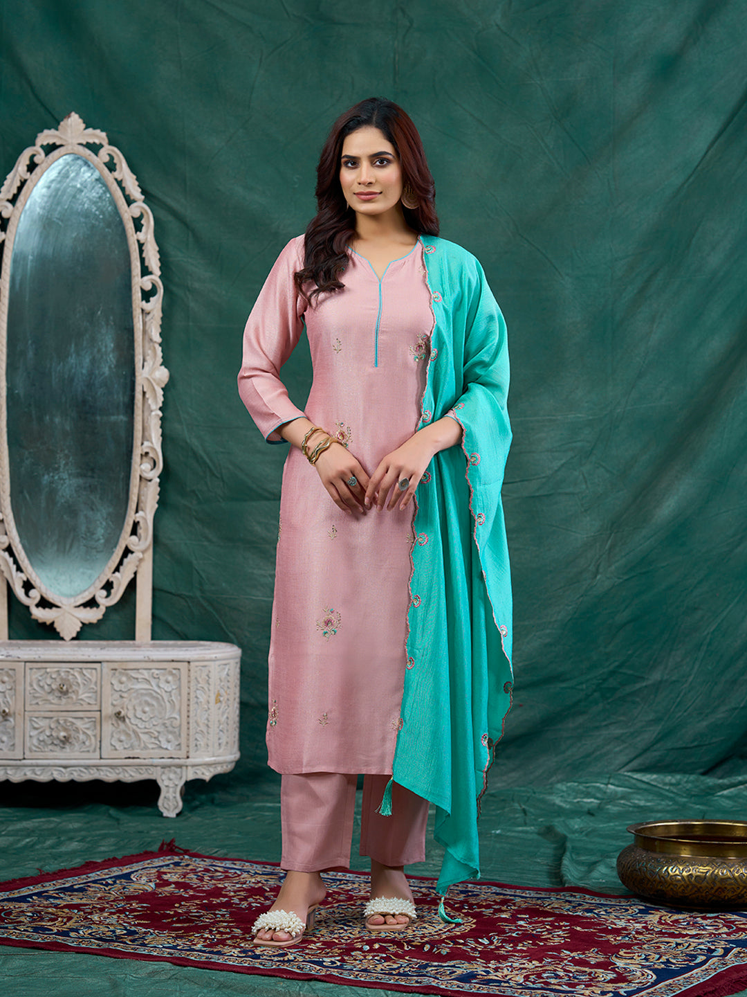 Rose Pink Embroidered Chinon Kurta with Dupatta Set