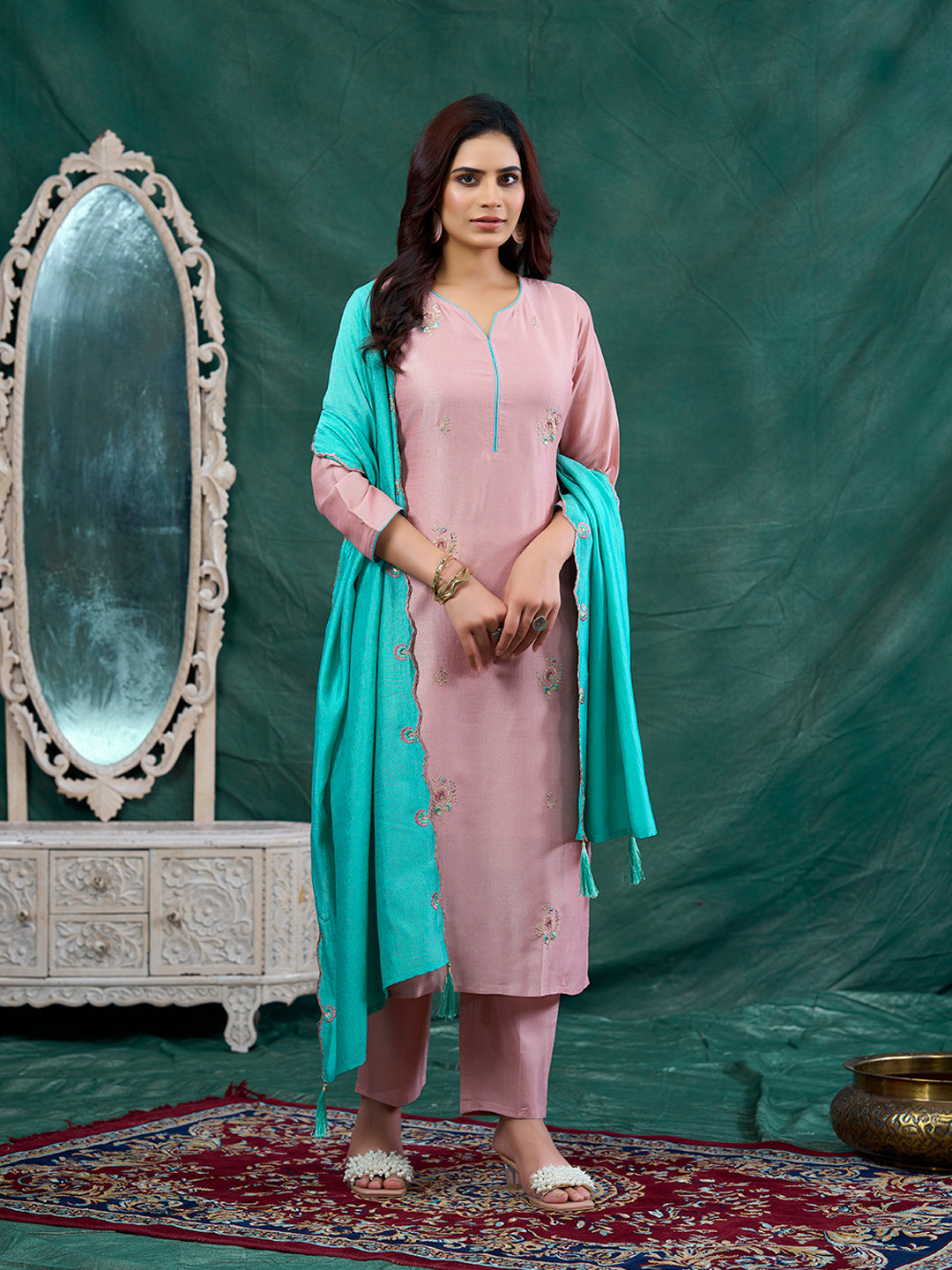 Rose Pink Embroidered Chinon Kurta with Dupatta Set