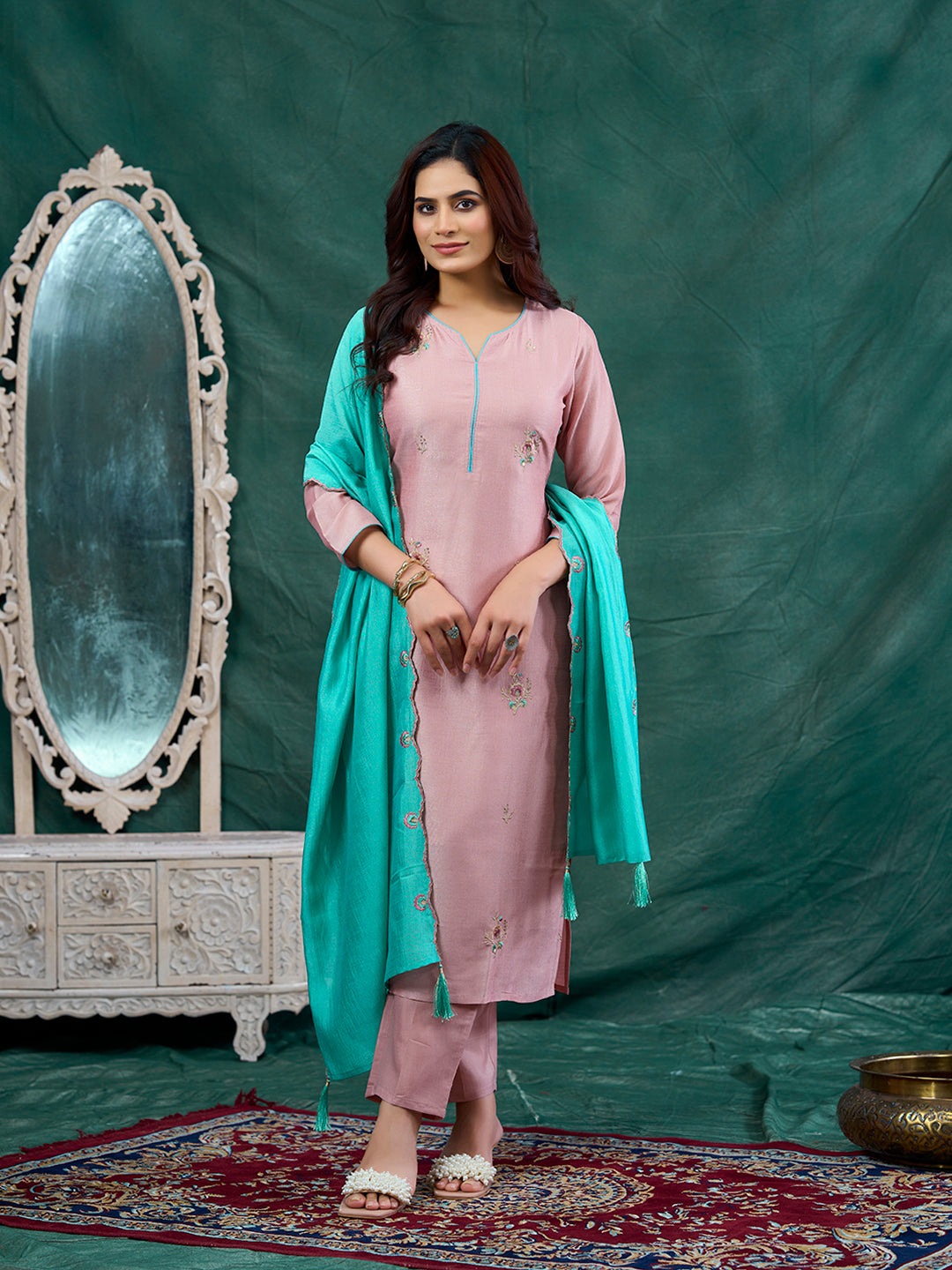 Rose Pink Embroidered Chinon Kurta with Dupatta Set