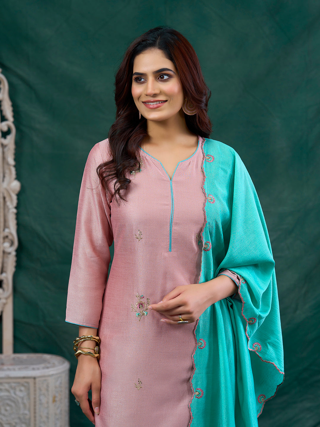 Rose Pink Embroidered Chinon Kurta with Dupatta Set