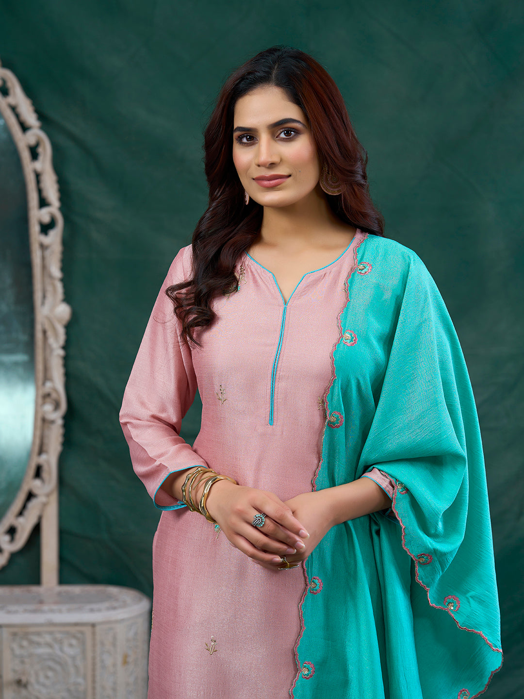 Rose Pink Embroidered Chinon Kurta with Dupatta Set