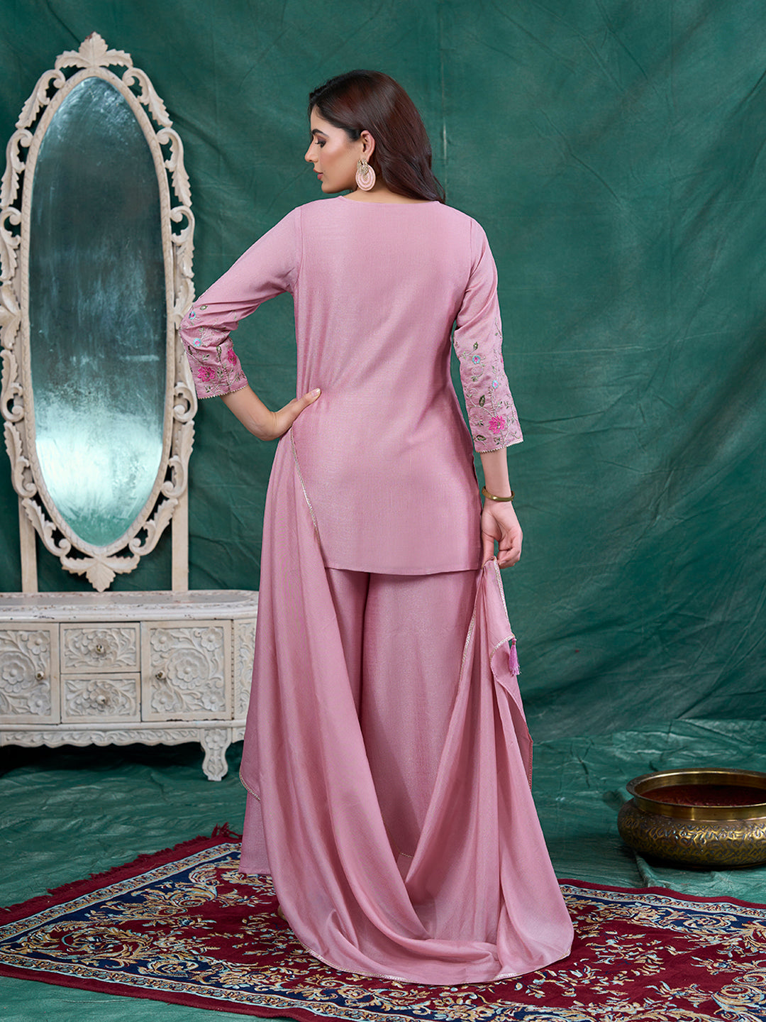 Rose Pink Embroidered Peplum Top with Sharara Set