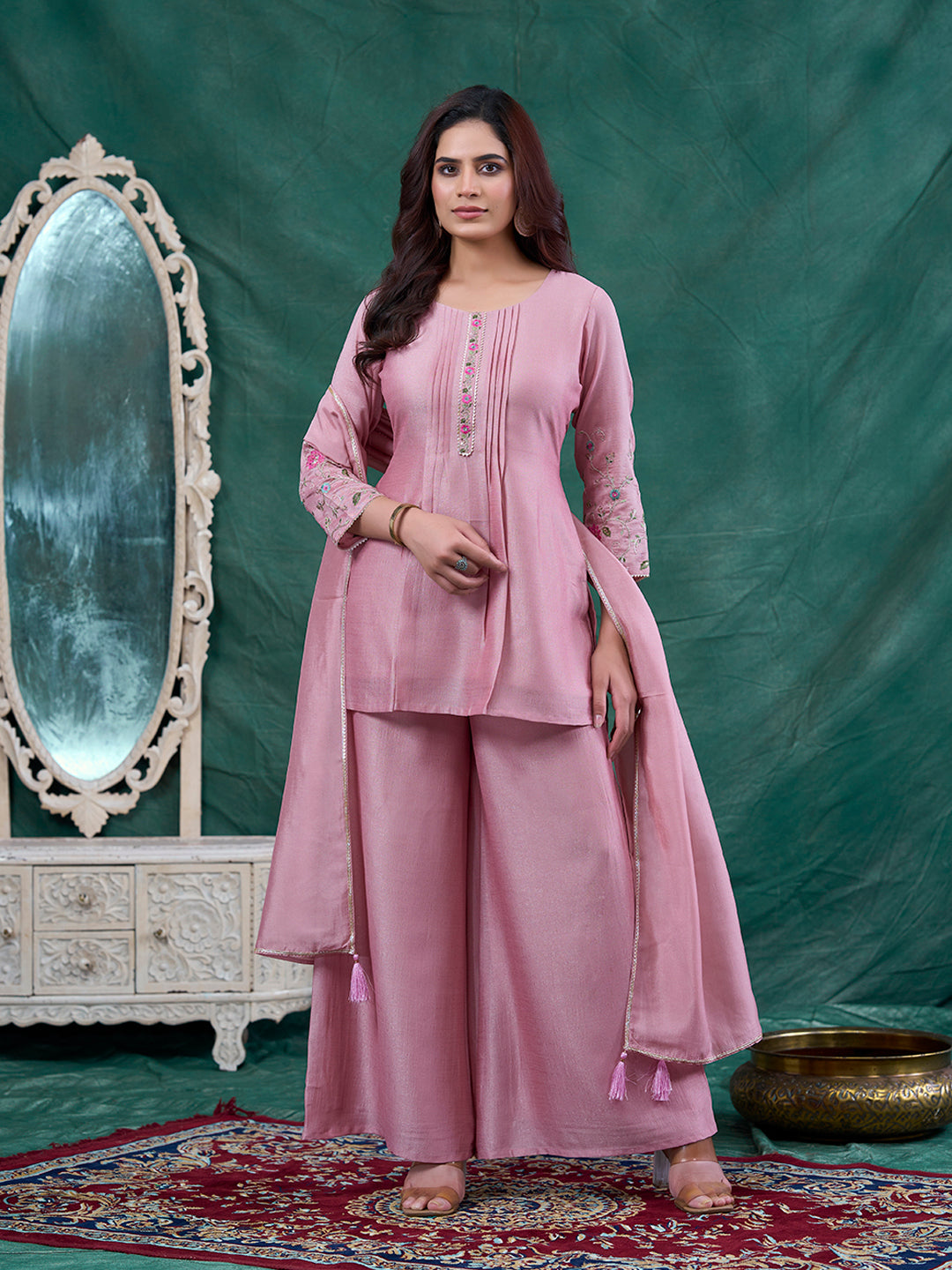 Rose Pink Embroidered Peplum Top with Sharara Set