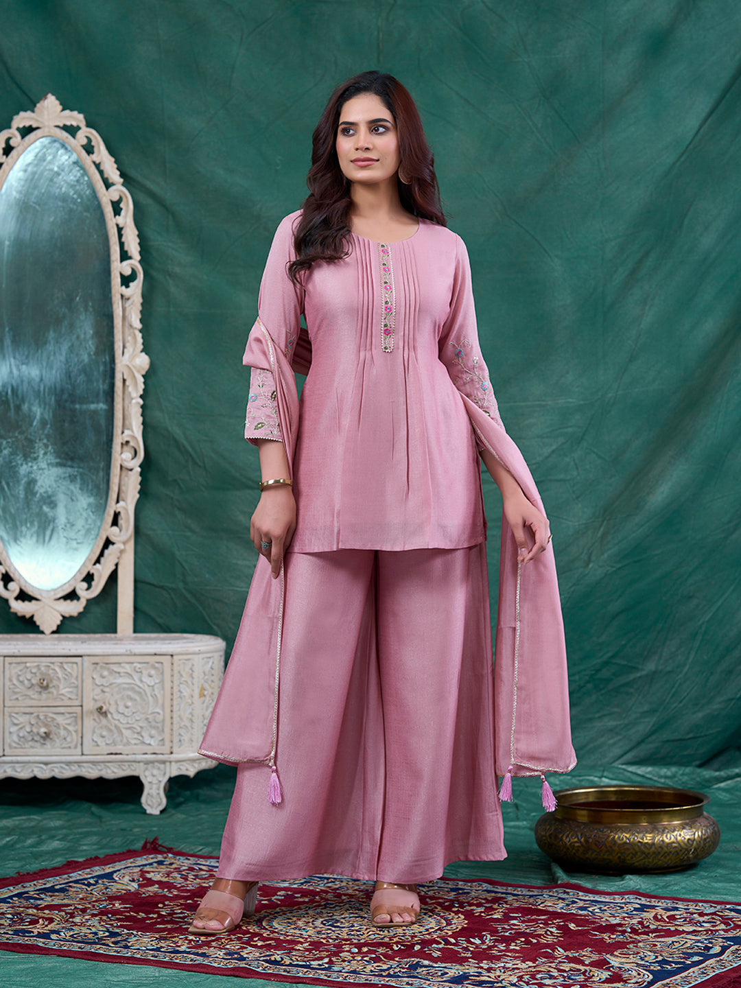 Rose Pink Embroidered Peplum Top with Sharara Set
