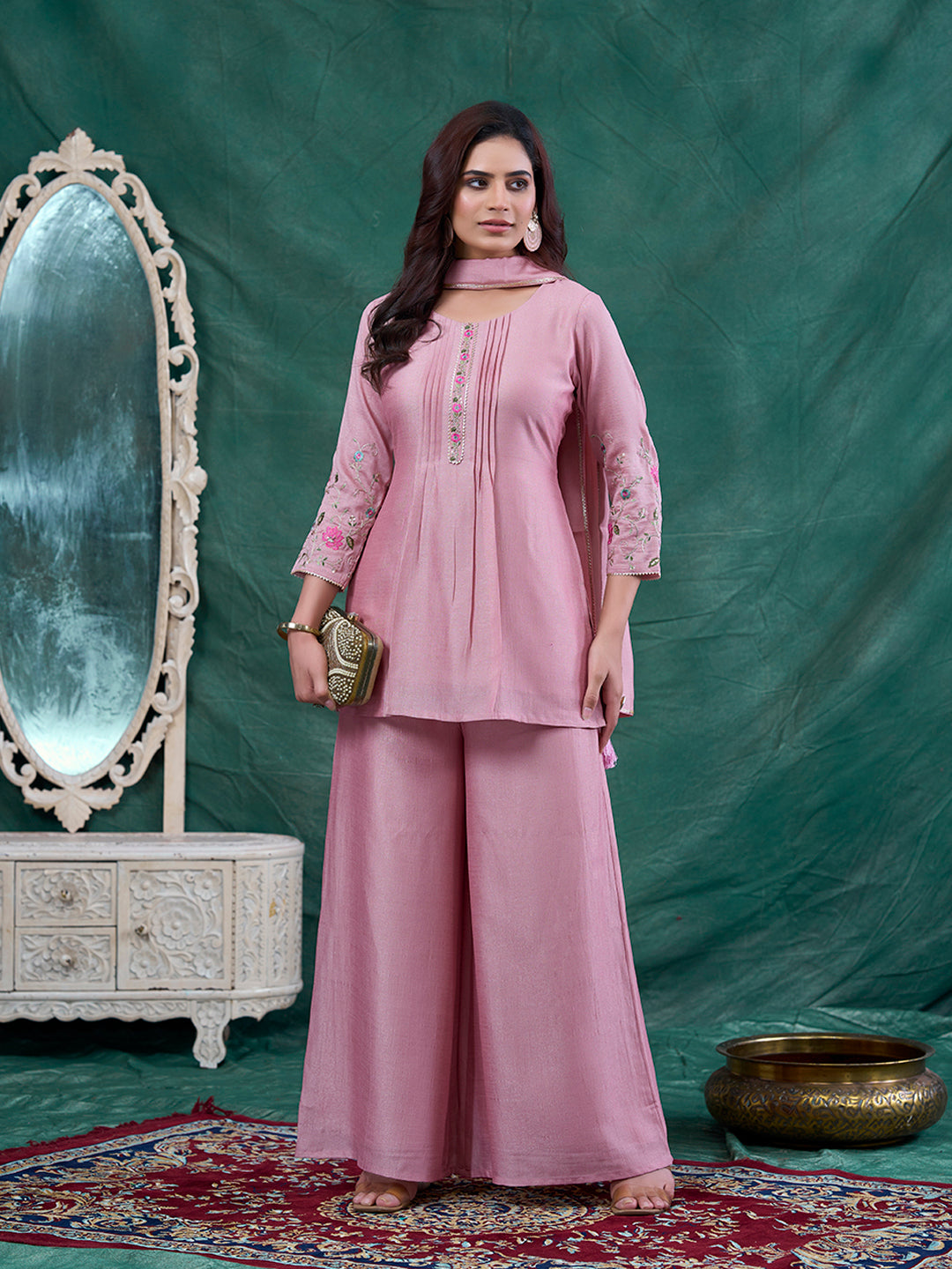 Rose Pink Embroidered Peplum Top with Sharara Set