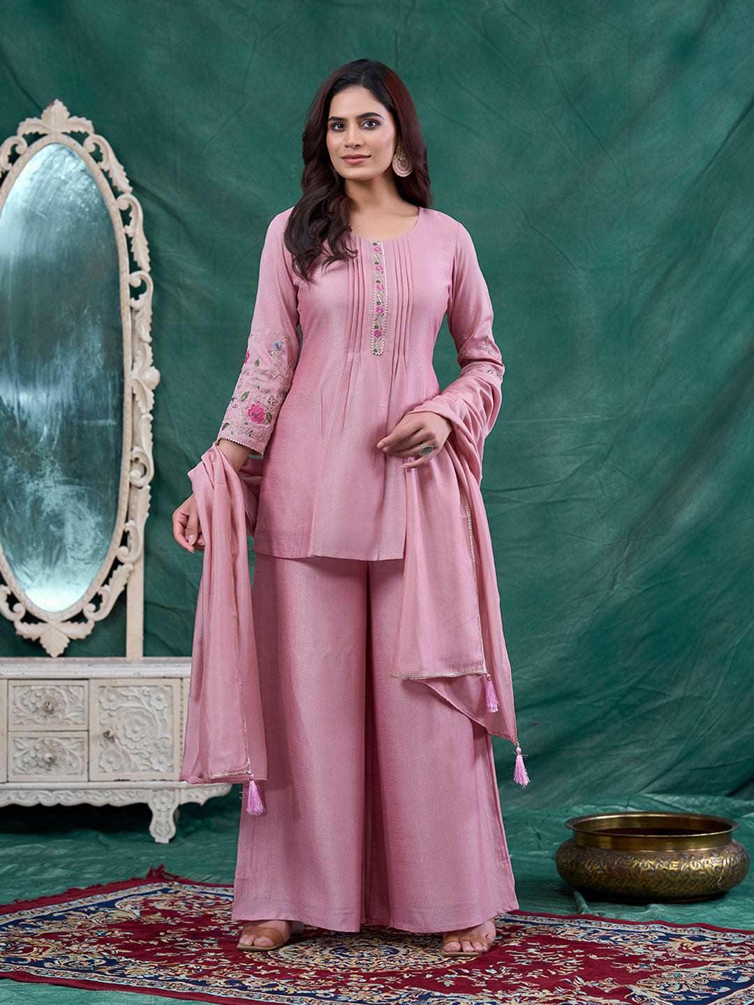 Rose Pink Embroidered Peplum Top with Sharara Set