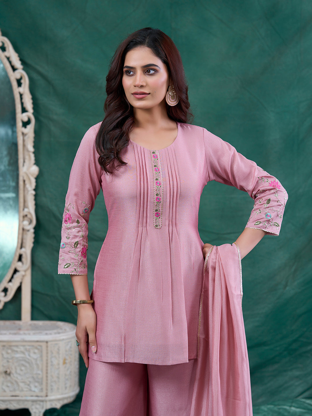 Rose Pink Embroidered Peplum Top with Sharara Set