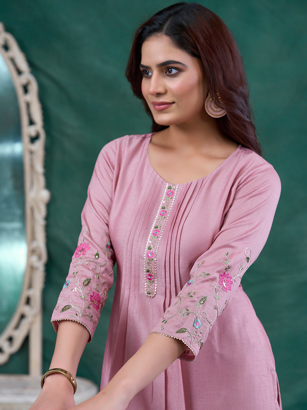 Rose Pink Embroidered Peplum Top with Sharara Set