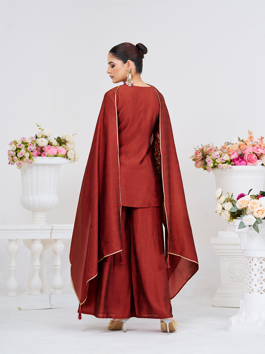 Brown Embroidered Peplum Top with Sharara Set
