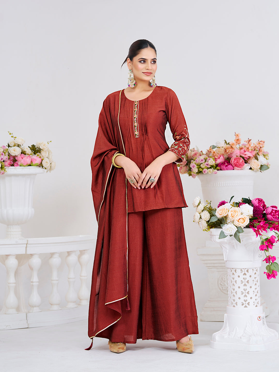 Brown Embroidered Peplum Top with Sharara Set