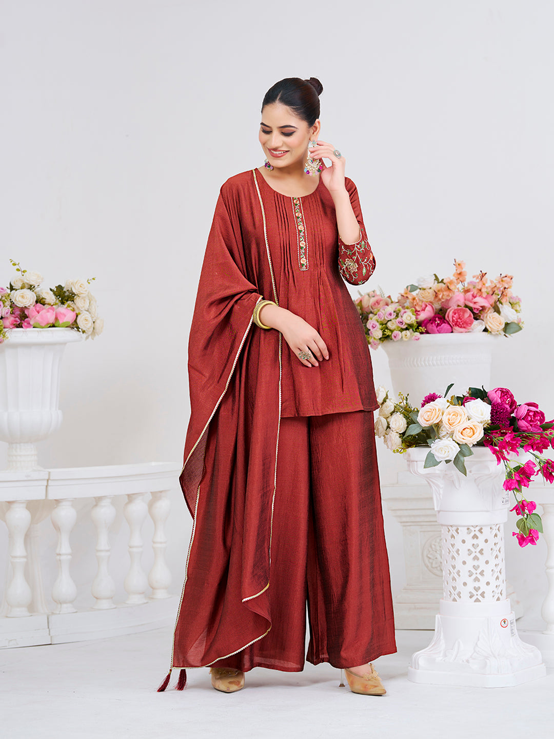 Brown Embroidered Peplum Top with Sharara Set