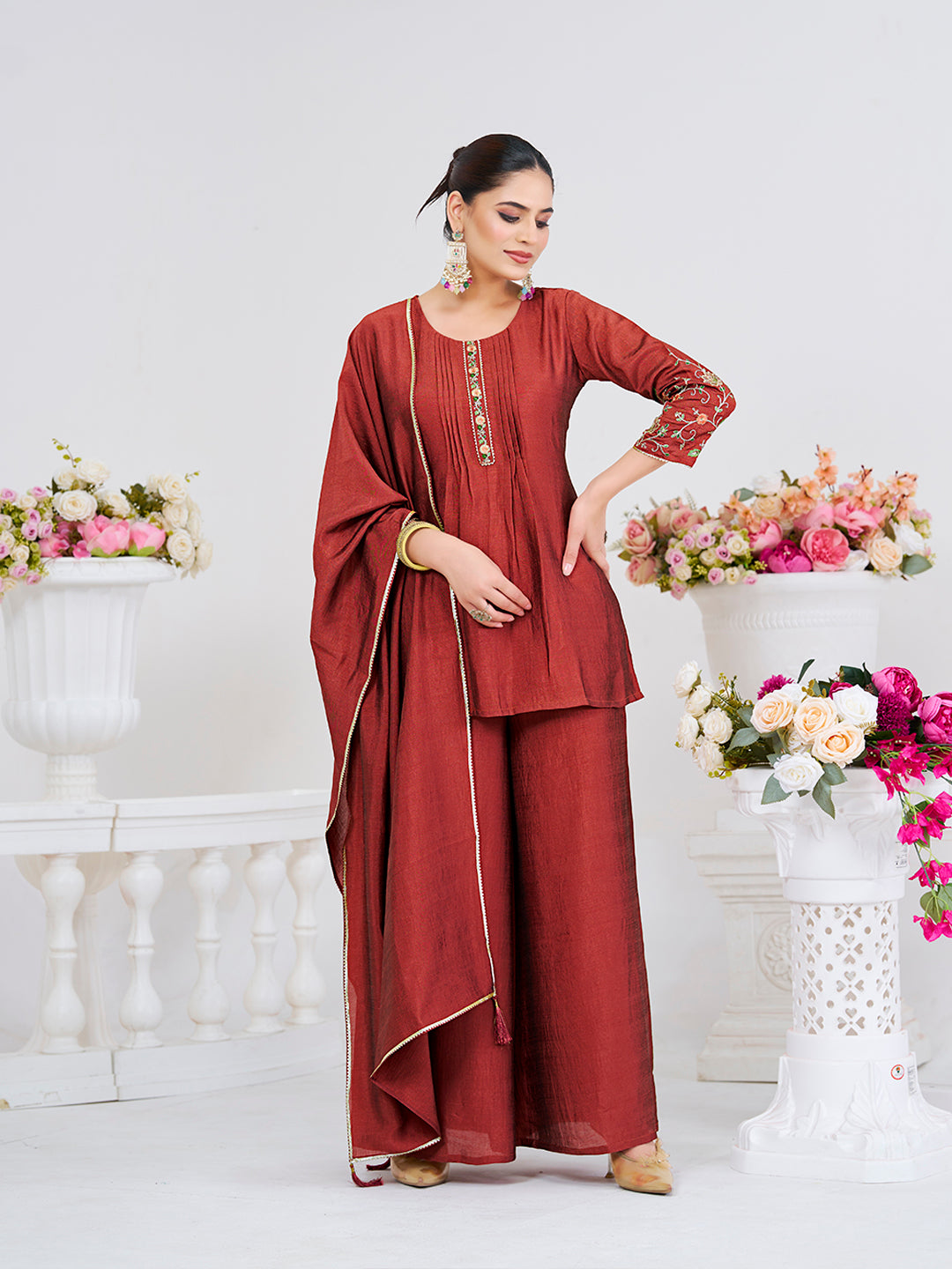Brown Embroidered Peplum Top with Sharara Set
