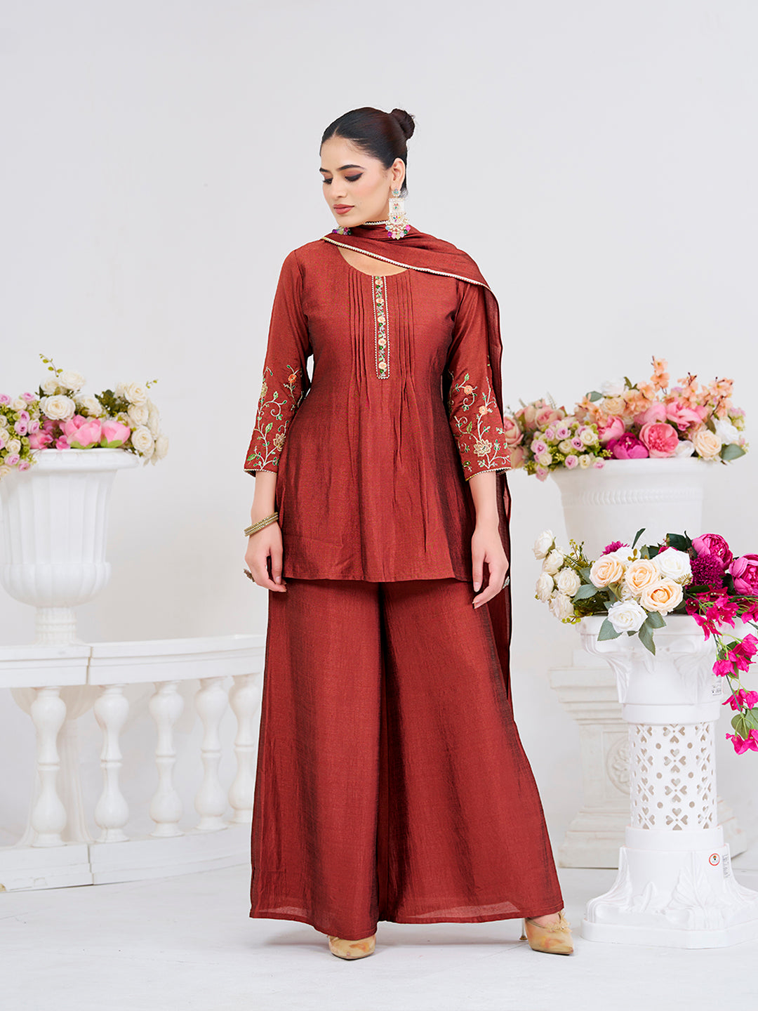 Brown Embroidered Peplum Top with Sharara Set