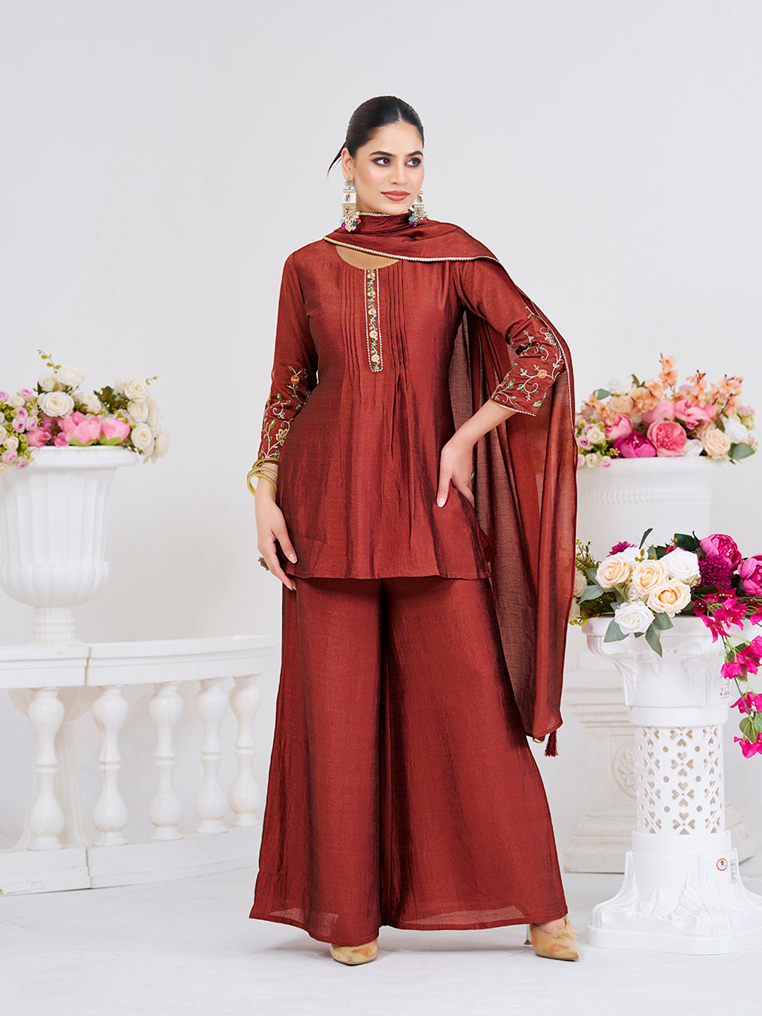Brown Embroidered Peplum Top with Sharara Set