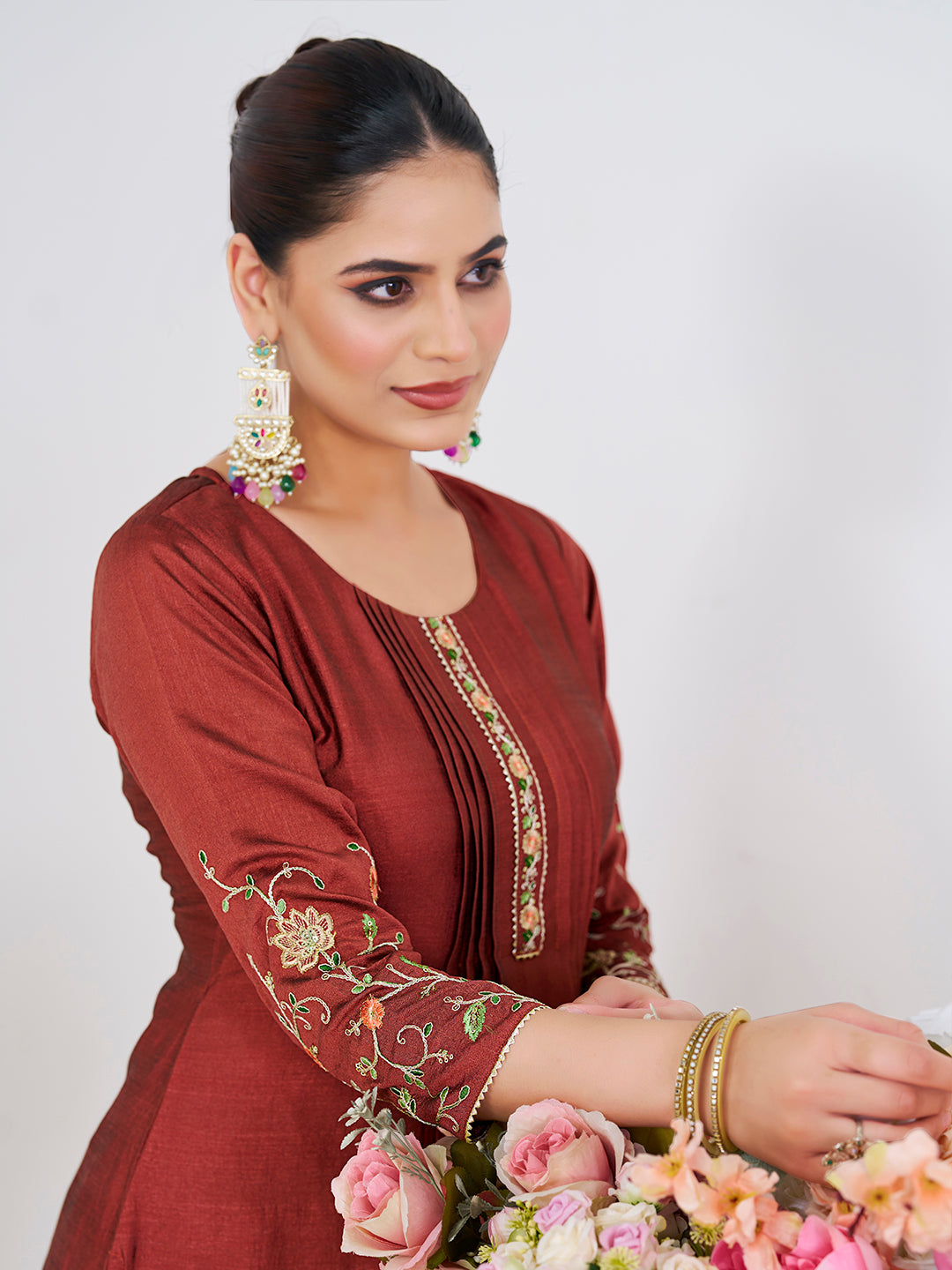 Brown Embroidered Peplum Top with Sharara Set