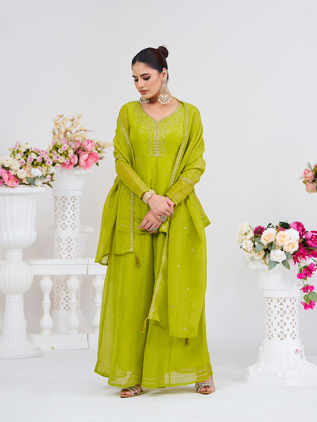 Neon Embroidered Peplum Top with Sharara Set