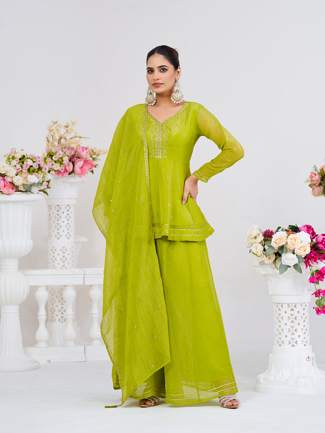 Neon Embroidered Peplum Top with Sharara Set