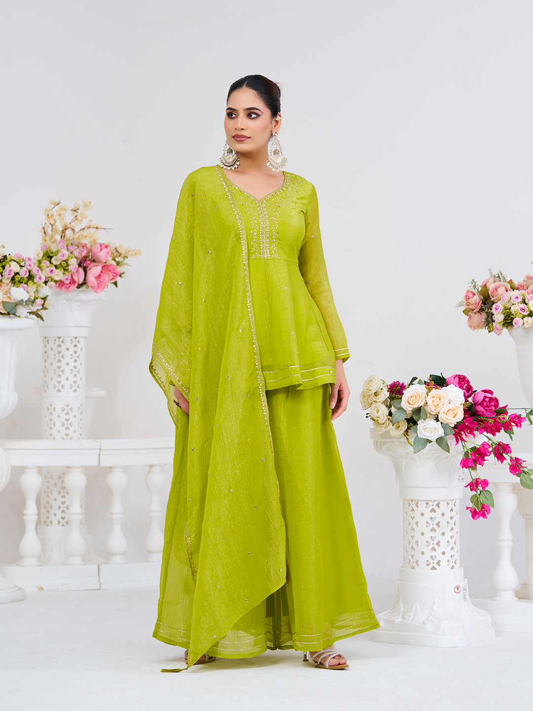 Neon Embroidered Peplum Top with Sharara Set