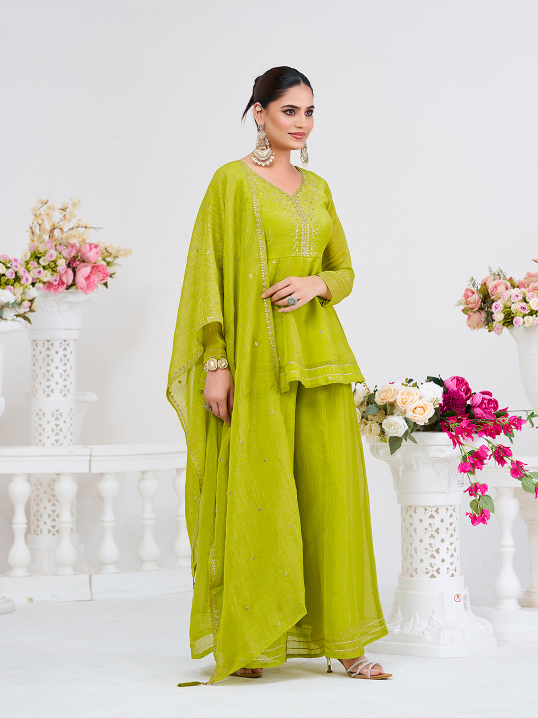 Neon Embroidered Peplum Top with Sharara Set